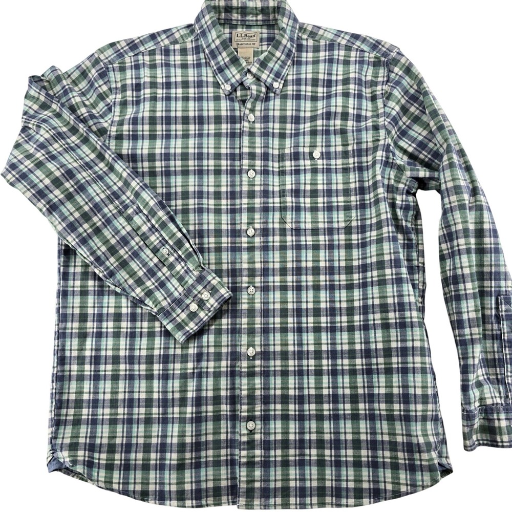 LL Bean‎ Shirt Mens Medium Green Plaid Traditional Fit Button Down Stretch